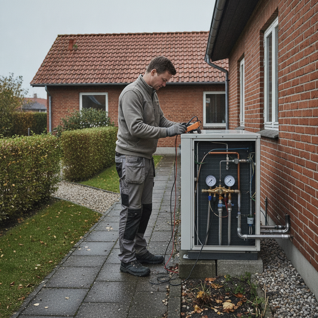 vvs, varmepumpe, eftersyn, service, vedligeholdelse, udendørs, parcelhus, dansk hus, luft til vand, udedel, tekniker, måling, kølemiddel, rør, kompressor, energiforbrug, effektivitet, fejlfinding, servicerapport, professionel, byggebranche, hus, bolig, håndværker, pris, tilbud