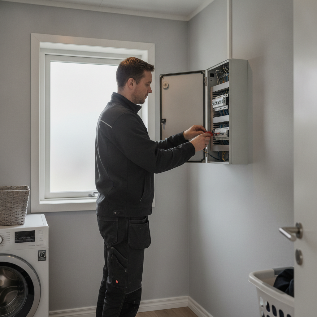 elektriker, el-opgaver, elarbejde, fejlfinding, eltavle, hfi, hpfi, sikringer, autoriseret elektriker, sikkerhed, indendørs, bryggers, parcelhus, elinstallation, stikkontakter, afbryder, opgradering, vedligeholdelse, renovering, professionel, tilbud, pris, hus, bolig, håndværker