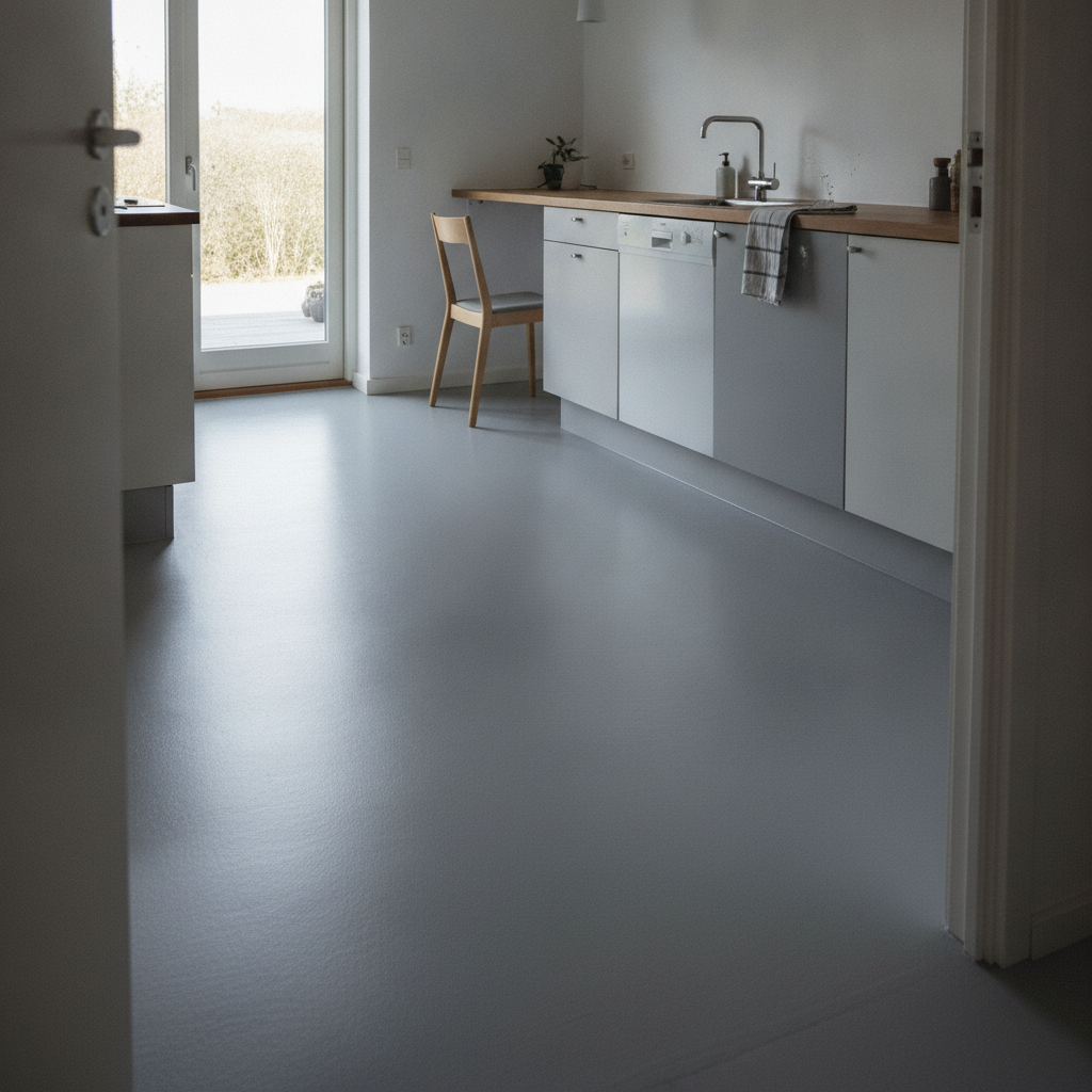 gulvfirma, epoxygulv, køkkengulv, indendørs, køkken, køkken-alrum, parcelhus, dansk hjem, fugefrit gulv, rengøring, vedligeholdelse, skridsikkerhed, mat finish, gulvbelægning, epoxybelægning, betonunderlag, moderne bolig, nordisk stil, renovering, professionel udførelse, pris, tilbud, hus, bolig, håndværker