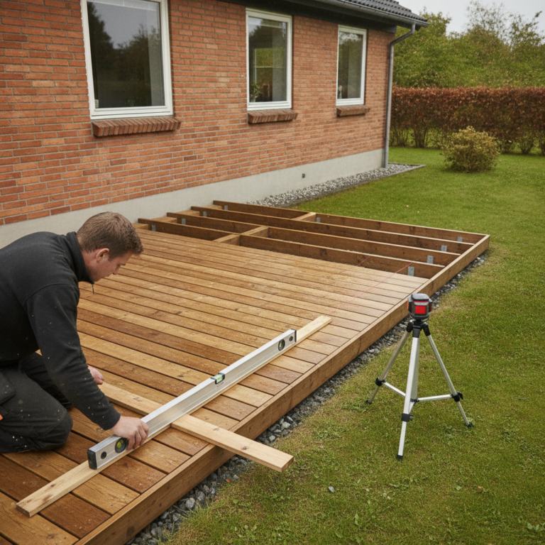 Fald på træterrasse: hvor meget fald, hvorfor det er vigtigt, og hvordan det udføres