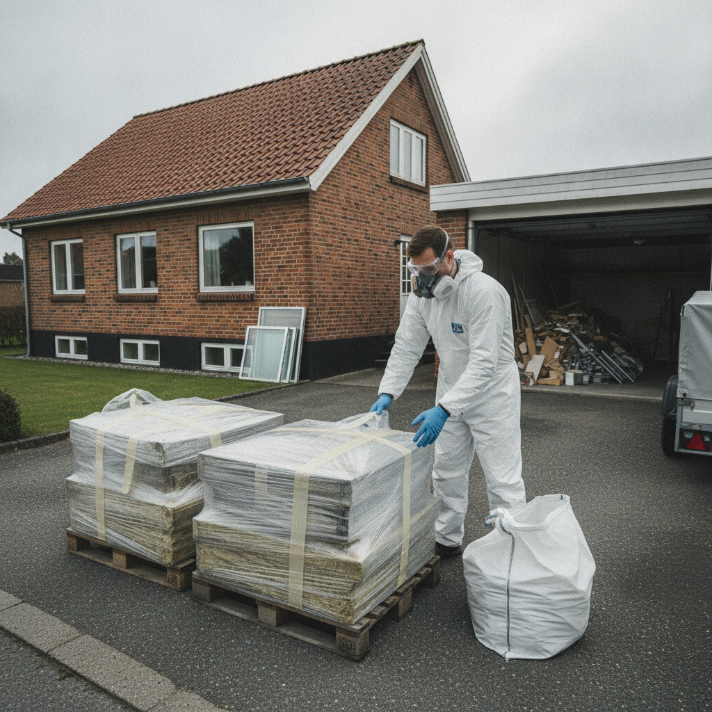 nedrivning, renovering, farligt affald, asbest, pcb, bly, miljøsanering, affaldssortering, bortskaffelse, emballering, genbrugsplads, udendørs, parcelhus, mursten, eternit, termoruder, plastindpakning, værnemidler, byggeplads, professionel, regler, hus, bolig, håndværker