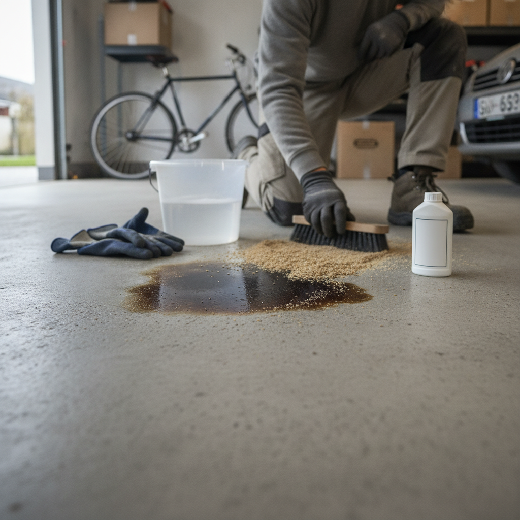 Fjern oliepletter på betongulv: sikre metoder, produkter og hvornår gulvet skal slibes/behandles