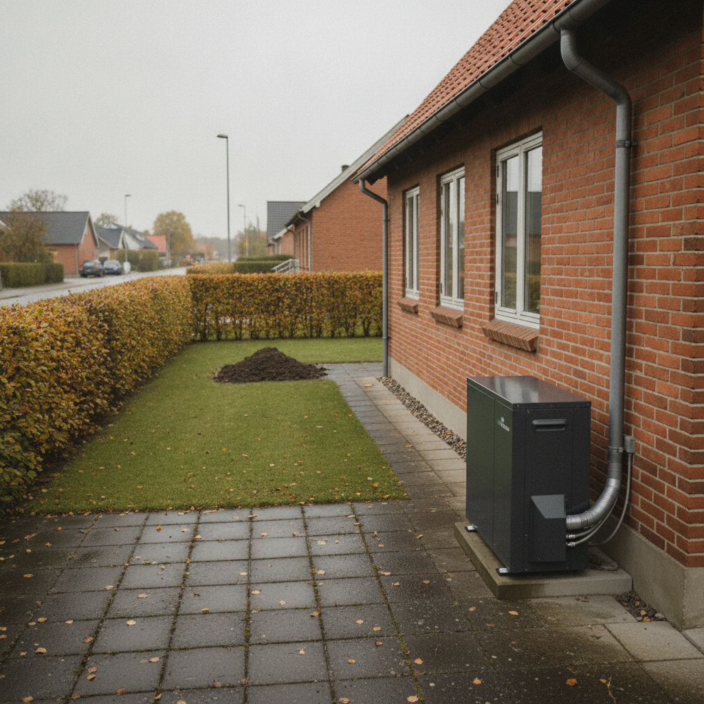 vvs, varme, varmepumpe, luft-til-vand, fjernvarme, varmeløsning, opvarmning, udendørs, parcelhus, mursten, tegltag, teknik, energirenovering, installation, rørføring, boligøkonomi, drift, støj, vedligeholdelse, dansk forstad, hus, pris, tilbud, bolig, håndværker