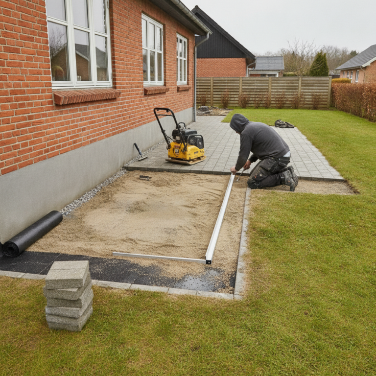 brolægger, flisebelægning, belægningsarbejde, opbygning, fald, dræn, afretning, komprimering, stabilgrus, afretningssand, geotekstil, fugesand, terrasse, udendørs, have, parcelhus, mursten, betonfliser, kantsikring, renovering, vedligeholdelse, byggeplads, hus, bolig, håndværker