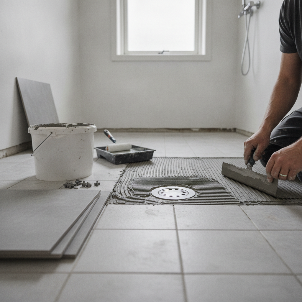 flisemurer, fliser på fliser, fliselægning, badeværelse, vådrum, vådrumssikring, indendørs, renovering, eksisterende fliser, fliseklæb, primer, fuger, gulvafløb, fald mod afløb, gulvhøjde, dansk badeværelse, håndværk, professionel, værktøj, vedligeholdelse, hus, bolig, håndværker