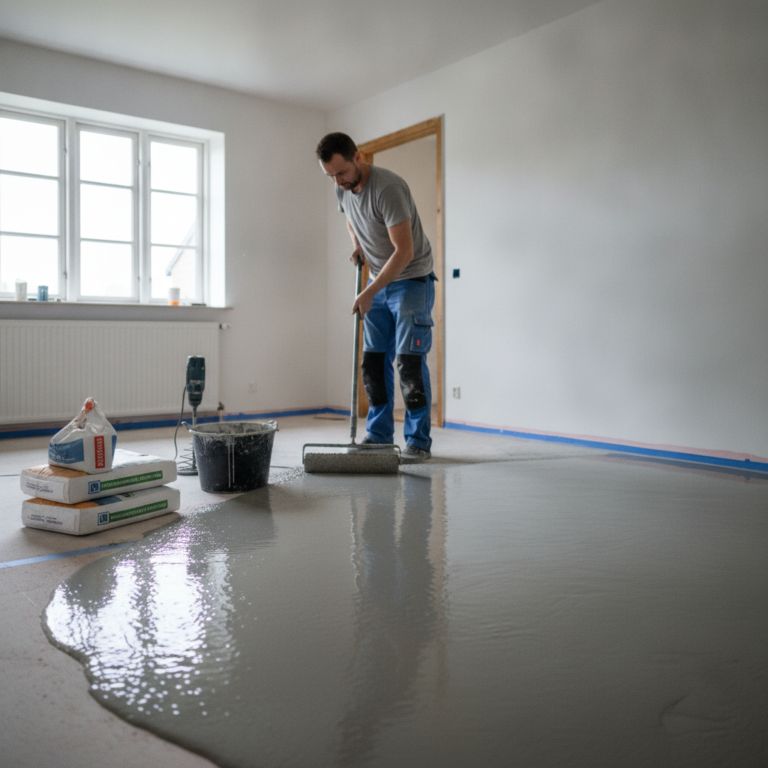 gulvfirma, flydespartel, spartelmasse, gulvopretning, nivellering af gulv, indendørs, renovering, parcelhus, undergulv, betongulv, primer, pigrulle, blandespand, retskinne, værktøj, gør det selv, fagmand, materialeforbrug, lagtykkelse, pris, tilbud, hus, bolig, håndværker