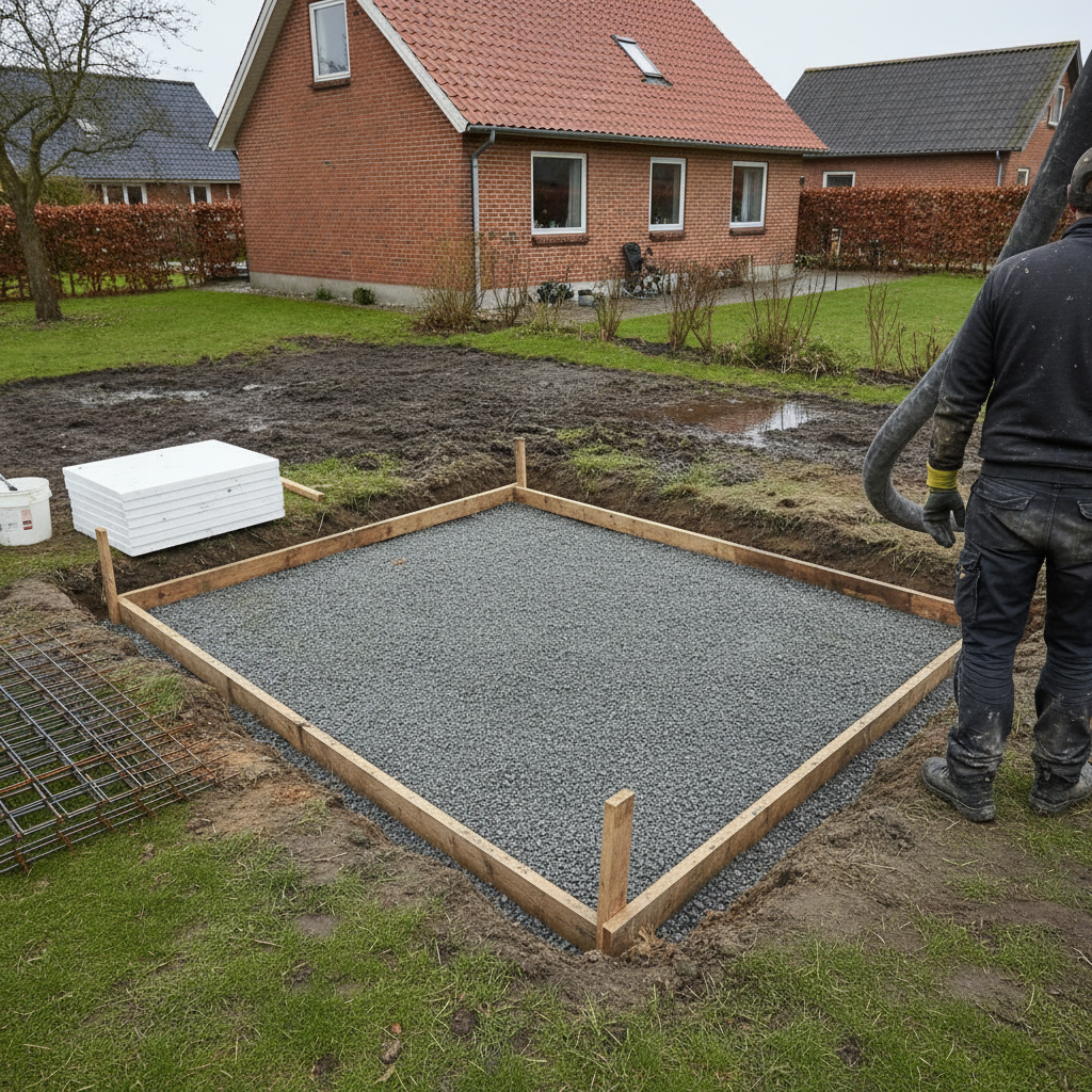 entreprenør, fundament, fundamentarbejde, støbning, randfundament, pladefundament, punktfundament, udendørs, have, parcelhus, dansk villakvarter, udgravning, frostfri dybde, beton, armering, rionet, forskalling, stabilgrus, isolering, garage, skur, drivhus, renovering, pris, tilbud, hus, bolig, håndværker