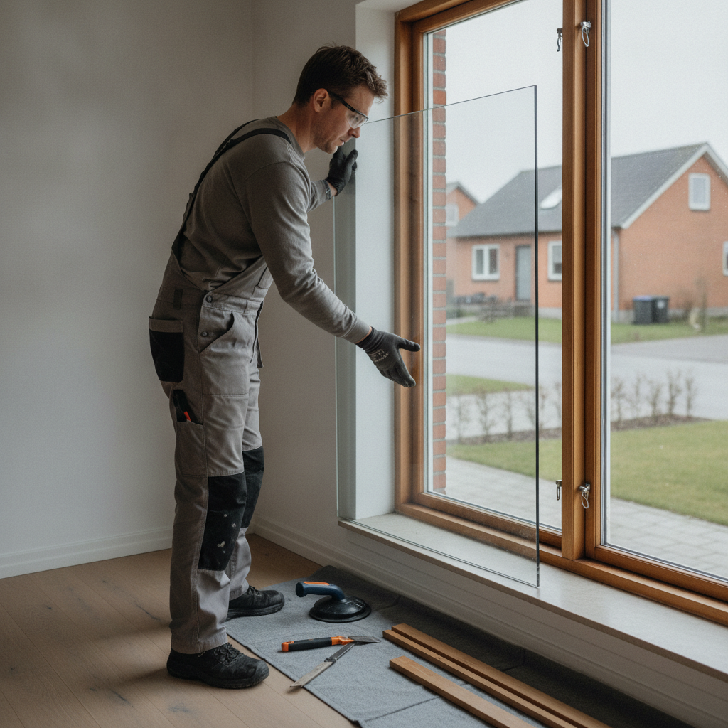 glarmester, glasarbejde, rudeudskiftning, termorude, energirude, sikkerhedsglas, indendørs, vindue, vinduesglas, trævindue, glasmontering, sugekop, værktøj, renovering, vedligeholdelse, dansk parcelhus, mursten, nordisk lys, professionel, tilbud, pris, hus, bolig, håndværker
