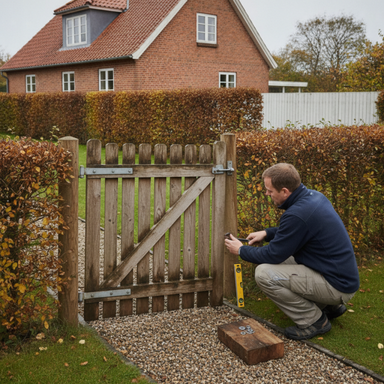 Havelågen hænger: årsager, justering, skråstiver og hvornår stolper/fundament skal fixes