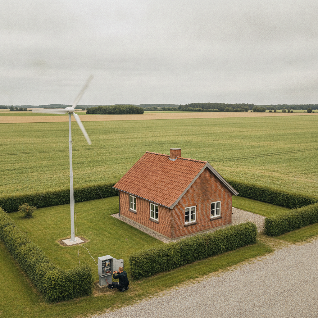 elektriker, husstandsvindmølle, vindmølle, eltilslutning, nettilslutning, installation, udendørs, landzone, fritliggende bolig, parcelhus, dansk landskab, fundament, beton, kabel, elskab, energirenovering, egenproduktion, vedvarende energi, støj, regler, tilladelse, økonomi, hus, bolig, håndværker