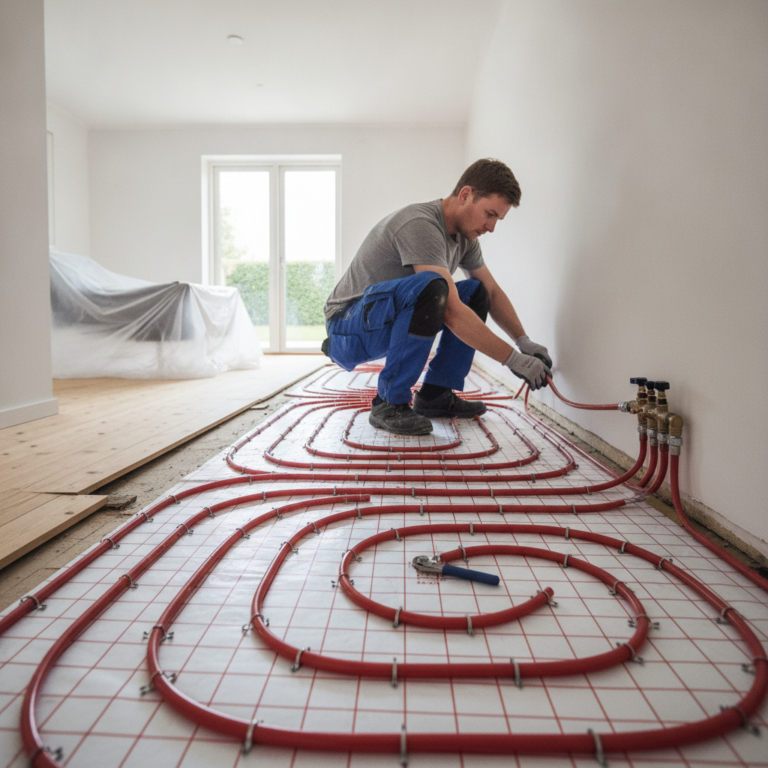 vvs, gulvvarme, vandbaseret gulvvarme, gulvvarmeslanger, manifold, varmesystem, installation, renovering, indendørs, villa, parcelhus, undergulv, isolering, pex-rør, afretning, byggeplads, håndværkerarbejde, energirenovering, varmeøkonomi, drift, pris, tilbud, hus, bolig, håndværker