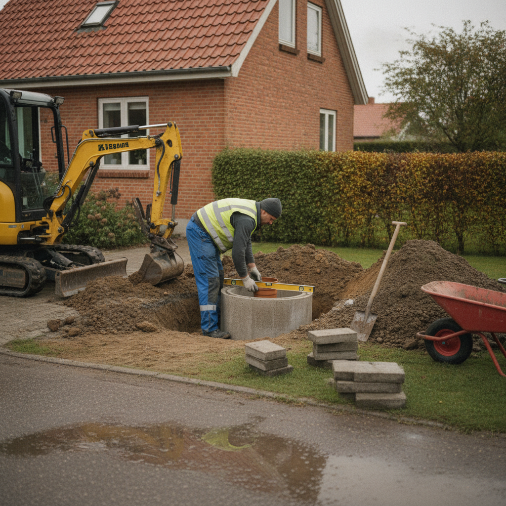 kloakmester, kloakarbejde, kloakrenovering, kloakrør, gravning, udendørs, parcelhus, dansk villakvarter, forhave, indkørsel, belægning, fliser, opgravning, rørarbejde, inspektionsbrønd, minigraver, jordarbejde, retablering, pris, tilbud, hus, bolig, håndværker