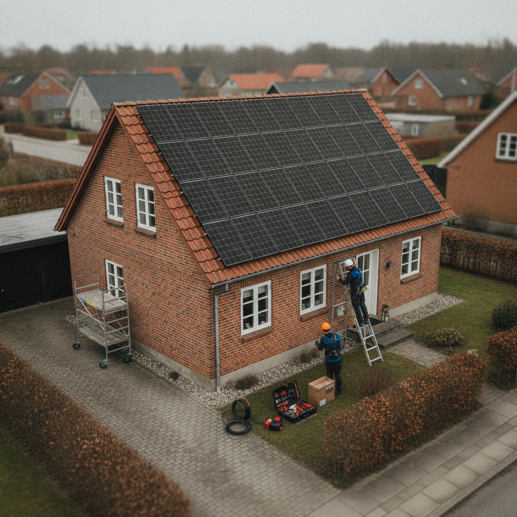 elektriker, solceller, solcelleanlæg, montering, udendørs, parcelhus, dansk parcelhus, tag, tegltag, solpaneler, stillads, elinstallation, inverter, batteri, energirenovering, vedvarende energi, grøn omstilling, tilbud, pris, byggeplads, professionel, hus, bolig, håndværker