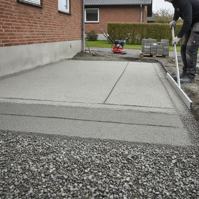 brolægger, belægning, grus til belægning, bundsikring, stabilgrus, afretningssand, afretningsgrus, bærelag, sættelag, komprimering, pladevibrator, afretning, fald, dræn, udendørs, indkørsel, terrasse, gangsti, parcelhus, mursten, belægningssten, byggeplads, renovering, hus, bolig, håndværker