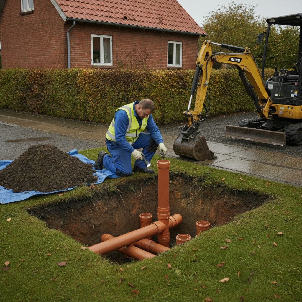 kloakmester, kloakarbejde, autoriseret kloakmester, regler, autorisation, udendørs, parcelhus, dansk villakvarter, udgravning, rende, kloakrør, pvc-rør, stikledning, afløb, regnvand, dræn, byggeplads, vedligeholdelse, reparation, tv-inspektion, dokumentation, professionel, hus, bolig, håndværker