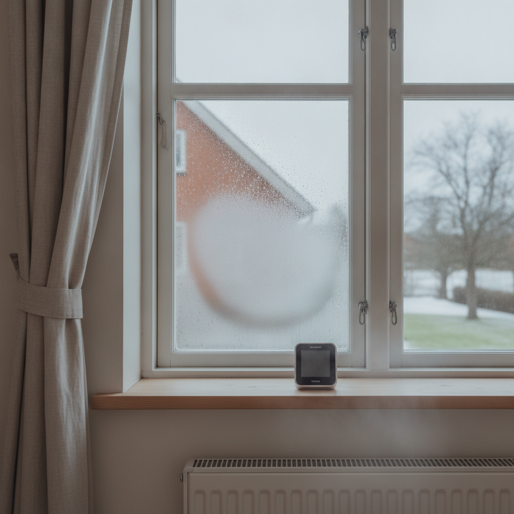 glarmester, kondens på vinduer, dug på ruder, indeklima, luftfugtighed, hygrometer, ventilation, udluftning, indendørs, soveværelse, parcelhus, dansk hjem, vindue, termorude, energirude, vindueskarm, radiator, vinter, nordisk lys, fugtproblem, vedligeholdelse, renovering, hus, bolig, håndværker