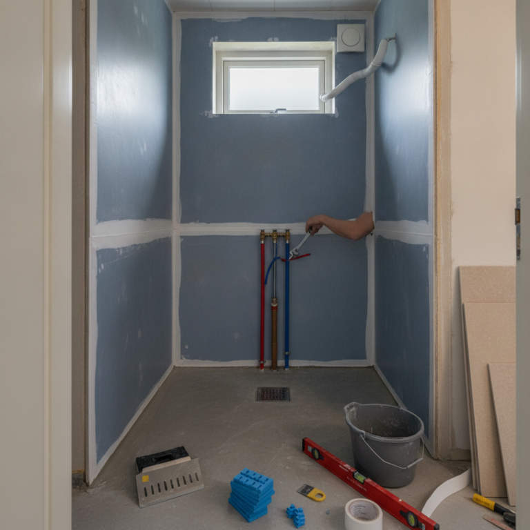 vvs, badeværelse, vådrum, vådrumssikring, vådrumsmembran, gulvafløb, fald på gulv, bruseniche, ventilation, udsugning, rørinstallation, pex-rør, fliser, renovering, indendørs, parcelhus, dansk hjem, byggeplads, dokumentation, professionel, hus, bolig, håndværker