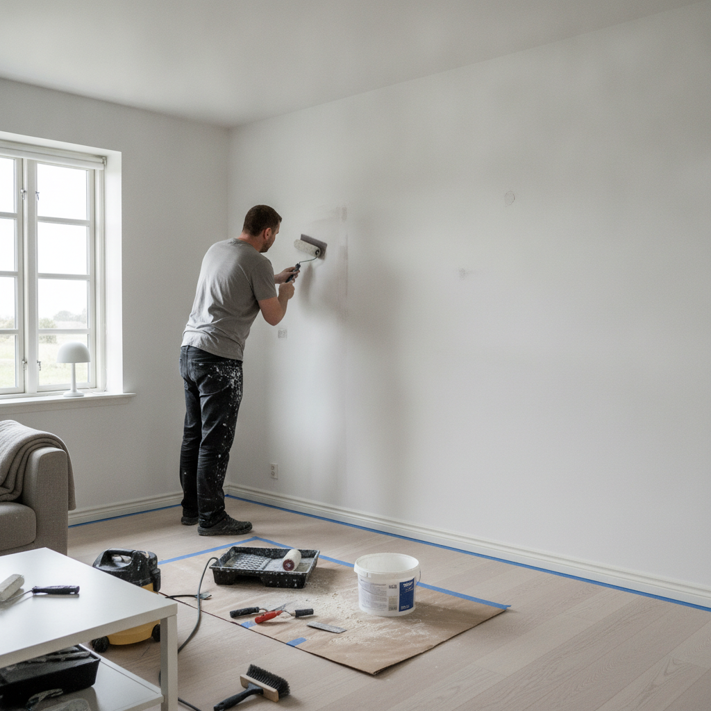 maler, vægmaling, maling af vægge, forberedelse, spartling, slibning, grunder, indendørs, stue, parcelhus, dansk hjem, væg, pudsvæg, gips, malertape, afdækning, rulle, malerbakke, renovering indendørs, vedligeholdelse, professionel, hus, bolig, håndværker