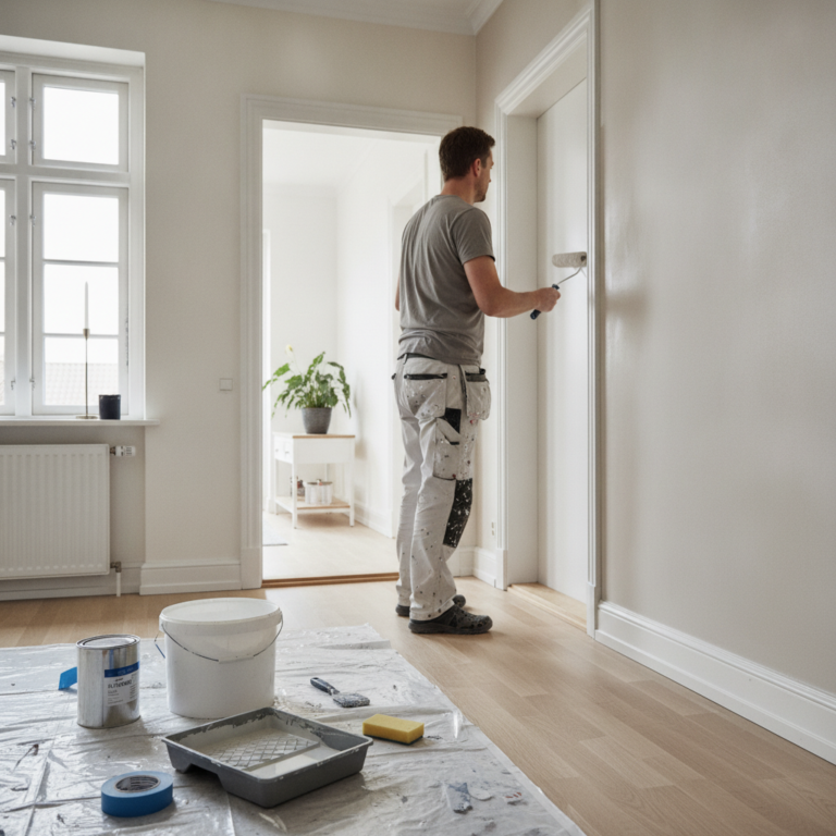 maler, indvendig maling, vægmaling, glans, vaskbarhed, grunder, spærregrunder, forarbejde, afdækning, malerrulle, malerbakke, entré, indendørs, villa, parcelhus, pudset væg, gipsvæg, renovering, vedligeholdelse, professionel, dansk hjem, hus, bolig, håndværker