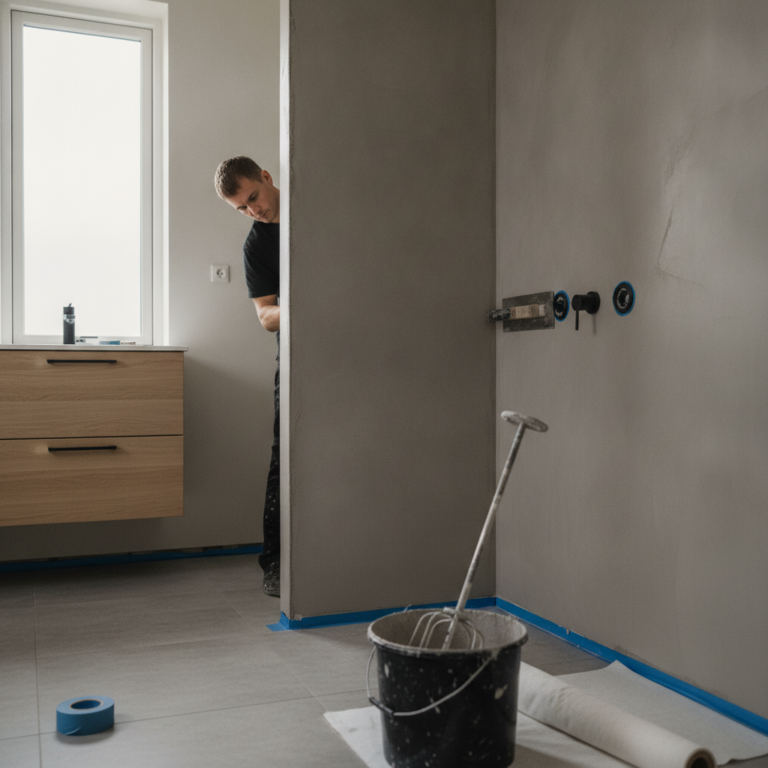 murer, microcement, microcement badeværelse, badeværelsesvæg, vådrum, vådrumsmembran, topcoat, sealer, bruseniche, indendørs, renovering, professionel udførelse, værktøj, spartel, puds, betonlook, fugefri overflade, rørgennemføring, nordisk design, dansk badeværelse, hus, bolig, håndværker, pris, tilbud