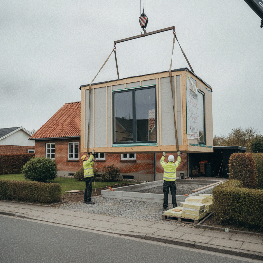 tømrer, byggefirma, modulbyggeri, præfabrikeret byggeri, moduler, montage, kranløft, byggeplads, udendørs, tilbygning, anneks, nybyg, parcelhus, villa, fundament, beton, træ, isolering, vinduer, logistik, entreprenør, professionel, pris, tilbud, hus, bolig, håndværker