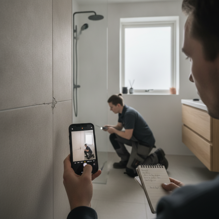 byggesagkyndig, mangelgennemgang, reklamation, dokumentation, fejl og mangler, byggeprojekt, renovering, indendørs, badeværelse, fliser, fuger, silikonefuge, revner, inspektion, kvalitetssikring, tvist, entreprenør, håndværkeraftale, dansk hjem, nordisk lys, professionel, hus, bolig, håndværker