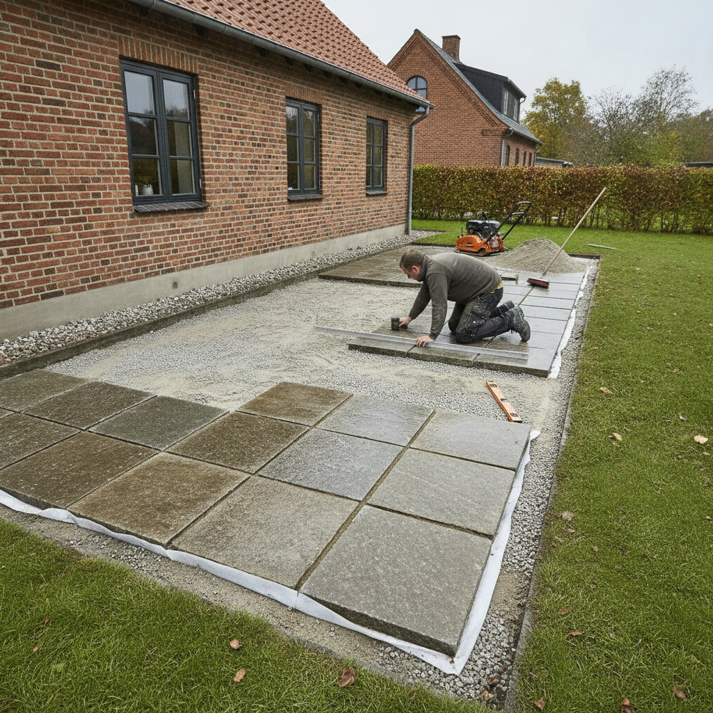brolægger, anlægsgartner, naturstensterrasse, terrasse, belægning, fuge, fugesand, stenmel, polymerfuge, opbygning, stabilgrus, afretningslag, geotekstil, dræn, fald, afvanding, udendørs, have, parcelhus, mursten, renovering, byggeplads, vedligeholdelse, hus, bolig, håndværker