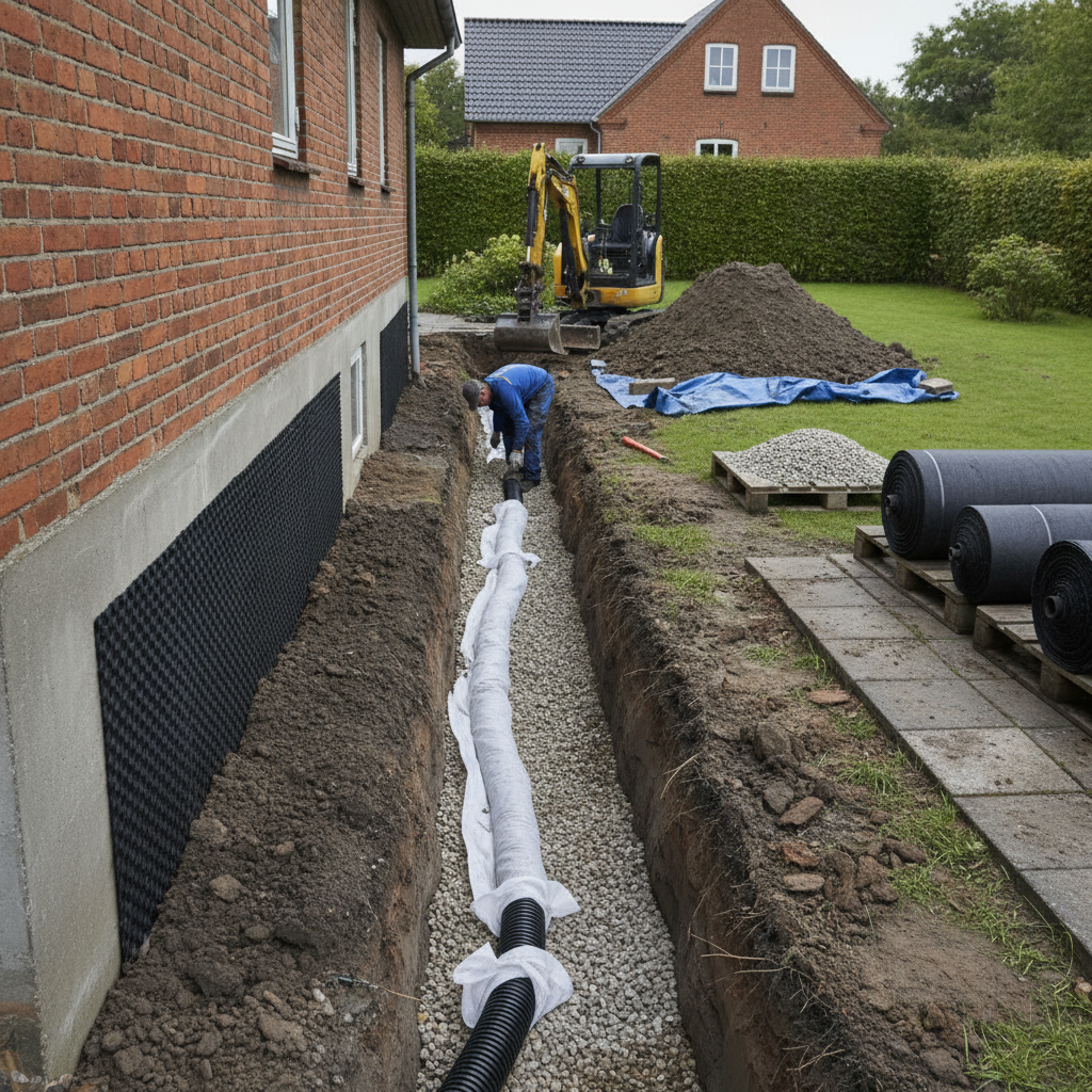 kloakmester, omfangsdræn, drænarbejde, udgravning, udendørs, parcelhus, kælder, fundament, sokkel, drænplader, drænslange, filterdug, geotekstil, grus, fugtsikring, afledning, reetablering, byggeplads, renovering, professionel, dansk villaområde, pris, tilbud, hus, bolig, håndværker