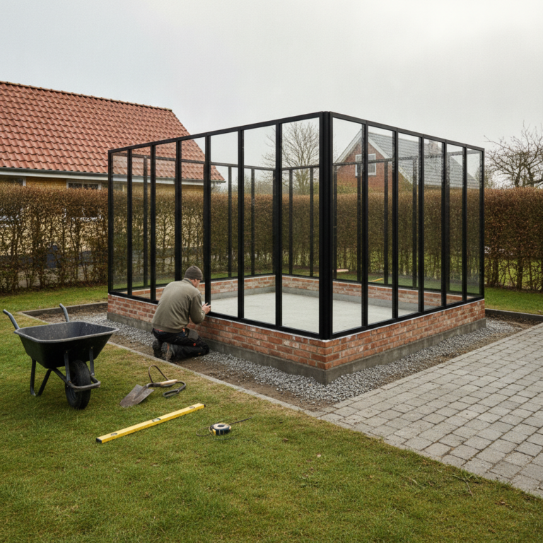 tømrer, murer, orangeri, drivhus, udestue, byggeri, fundament, stribefundament, støbt beton, jordarbejde, dræn, ventilation, glaspartier, aluminium, mursten, udendørs, have, parcelhus, dansk forstad, renovering, nybyg, professionel, hus, bolig, håndværker, pris, tilbud