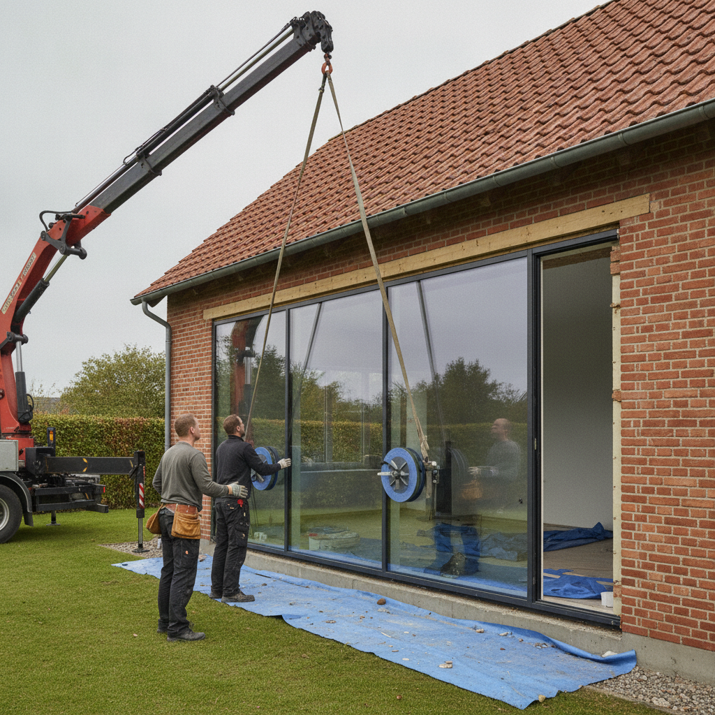 tømrer, glarmester, vinduesmontering, panoramavindue, glasparti, hæveskydedør, udendørs, villa, parcelhus, mursten, tegltag, aluminium, 3-lags glas, sikkerhedsglas, kranløft, montage, statik, overligger, facaderenovering, energikrav, renovering, professionel, hus, bolig, håndværker, pris, tilbud