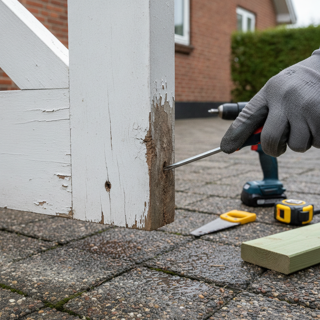 tømrer, port, låge, råddent bundtræ, råd i træ, bundstykke, reparation, udskiftning, udendørs, parcelhus, have, træværk, træbeskyttelse, skruetrækker test, værktøj, skruer, malingsafskalning, fugtskade, vedligeholdelse, professionel, byggeopgave, dansk forstad, hus, bolig, håndværker