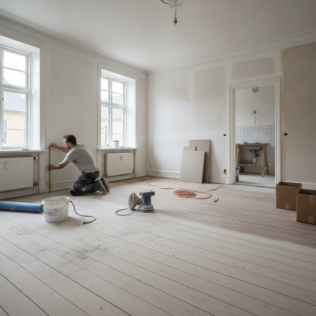 tømrer, renovering af lejlighed, lejlighedsrenovering, indendørs, ejerlejlighed, københavnerlejlighed, byggeplads, planlægning, opmåling, koordinering af håndværkere, totalrenovering, delrenovering, malerarbejde, gulvarbejde, gipsplader, spartel, værktøj, afdækning, støv, professionel, budget, pris, tilbud, hus, bolig, håndværker