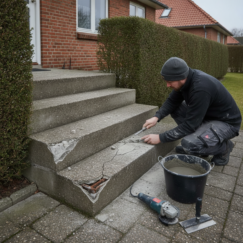 Reparation af betontrappe udendørs: frostskader, afskalning, armering og holdbare løsninger