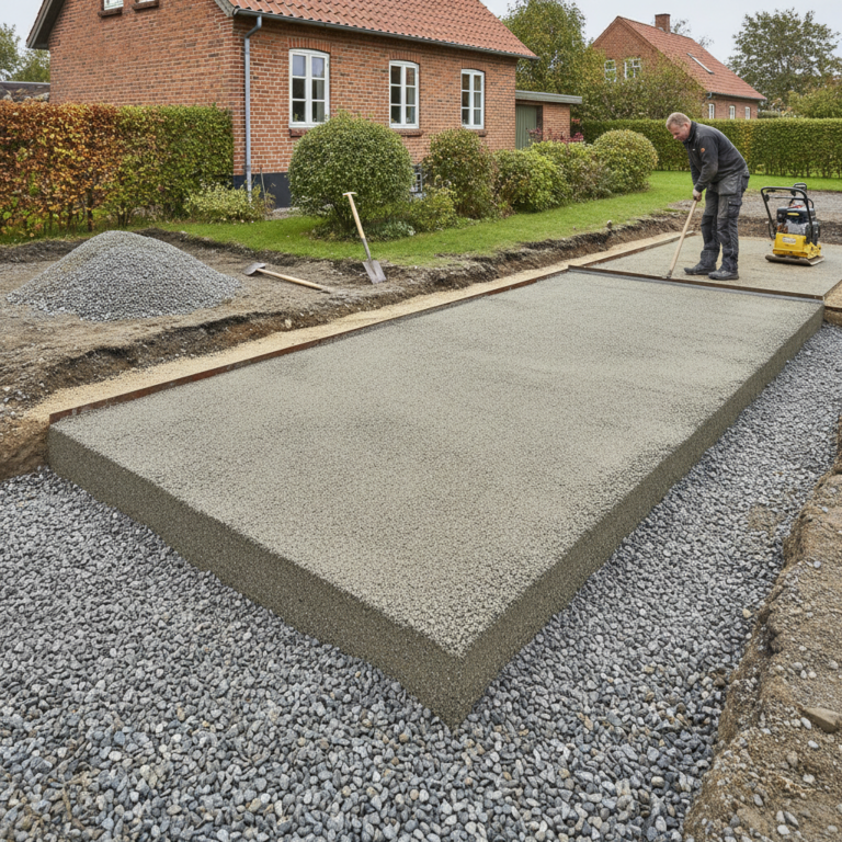 anlægsgartner, brolægger, belægning, underlag, bundsikring, stabilgrus, afretningssand, lagtykkelse, komprimering, pladevibrator, afretning, indkørsel, udendørs, parcelhus, grus, sand, fliser, kantafgrænsning, fald, dræn, renovering, byggeplads, hus, bolig, håndværker