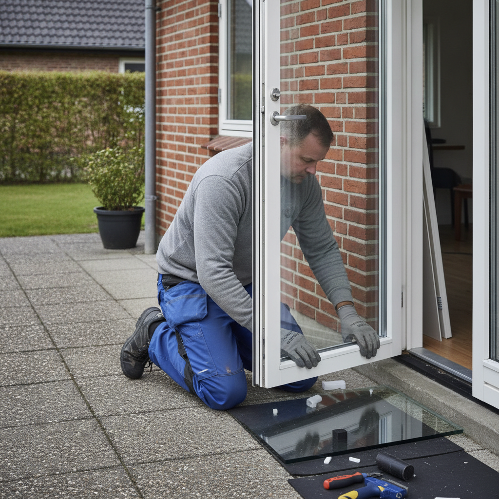 glarmester, sikringsglas, lamineret glas, montering af glas, rudeudskiftning, terrassedør, udendørs, stueplan, villa, parcelhus, mursten, dørkarm, fals, butylbånd, fugearbejde, opklodsning, værktøj, indbrudssikring, personsikkerhed, renovering, vedligeholdelse, professionel, hus, bolig, håndværker