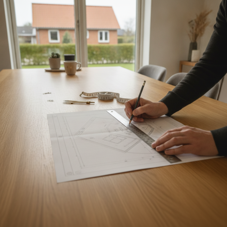 arkitekt, bygningskonstruktør, landmåler, situationsplan, grundplan, byggeansøgning, byggetilladelse, myndighedstegninger, opmåling, skel, afstand til skel, matrikel, målestok, koteplan, plantegning, indendørs, dansk hjem, parcelhus, tegninger, lineal, målebånd, planlægning, renovering, hus, bolig, håndværker