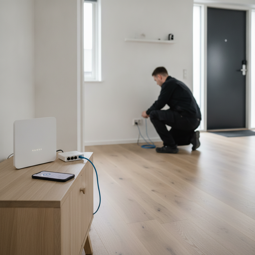 elektriker, smart home, smart home sikkerhed, netværk, router, wifi, wpa3, firewall, firmwareopdatering, gæstenetværk, iot, kameraovervågning, udendørskamera, smart lås, adgangskoder, 2fa, ethernetkabel, installation, indendørs, parcelhus, dansk hjem, sikkerhedstjek, professionel, hus, bolig, håndværker