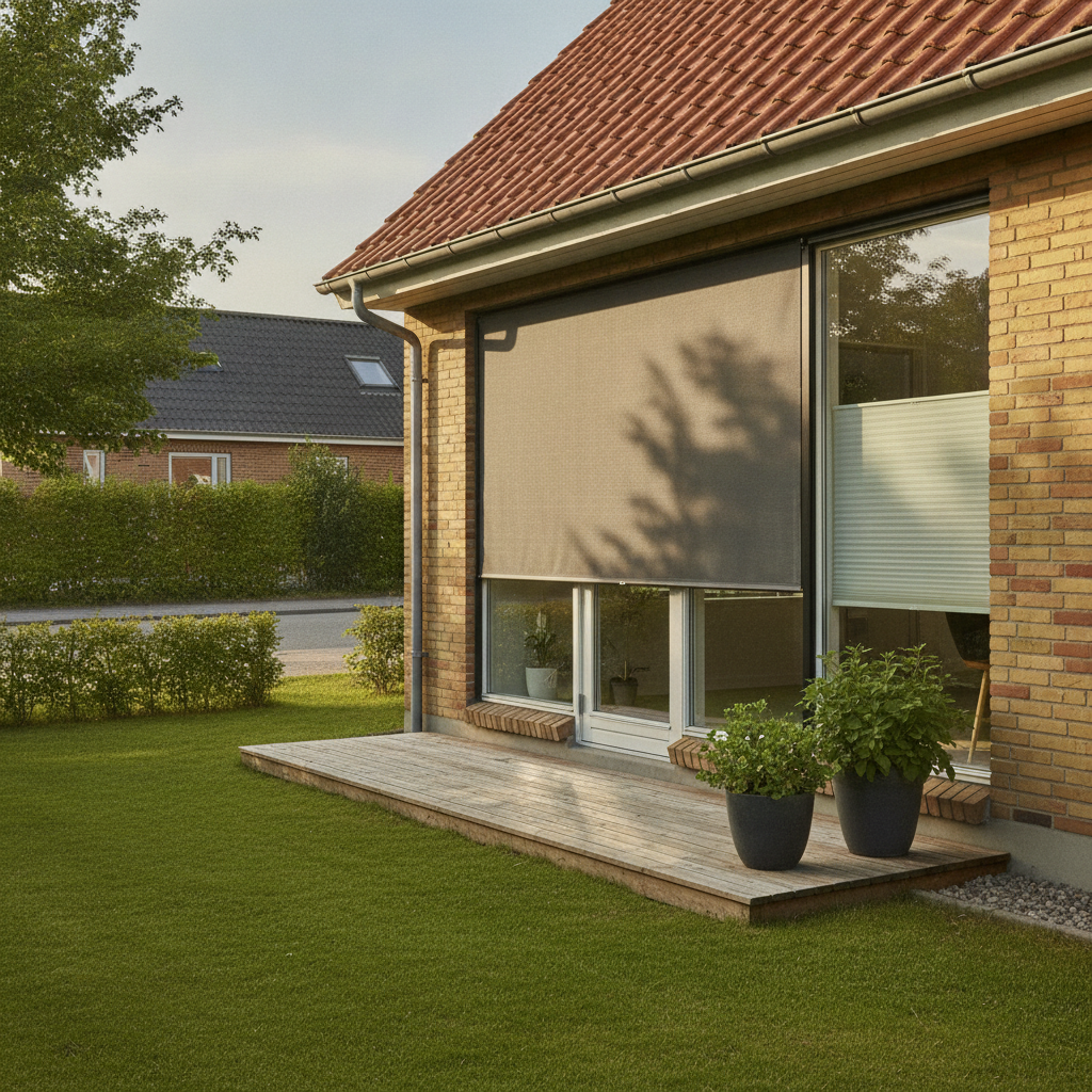 solafskærmning, vinduer, udvendig screen, screen, markise, solfilm, vinduesfolie, indvendig gardin, plisségardin, rullegardin, varmeeffekt, blænding, privatliv, udendørs, facade, parcelhus, dansk villa, mursten, terrassedør, glasparti, sommer, montering, pris, tilbud, hus, bolig, håndværker