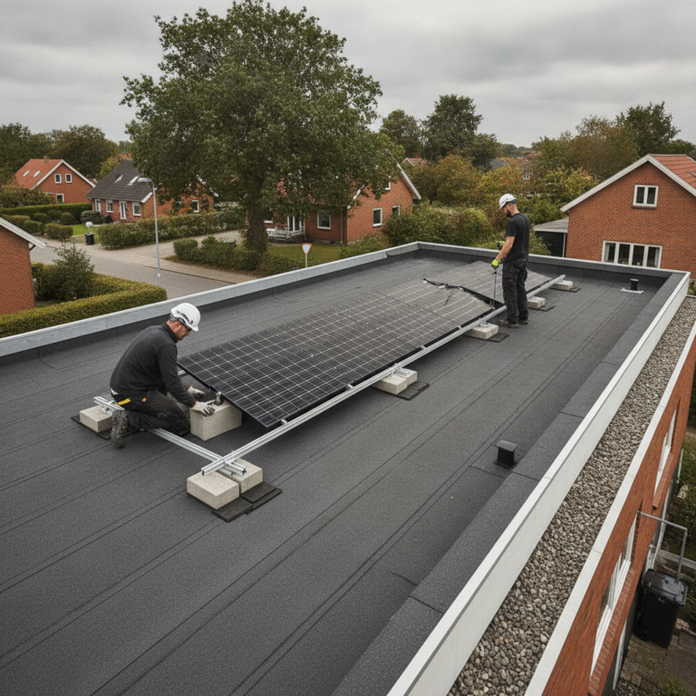 Solceller på fladt tag: pris, statik/ballast, tagpap-risici og montagekrav (2026)