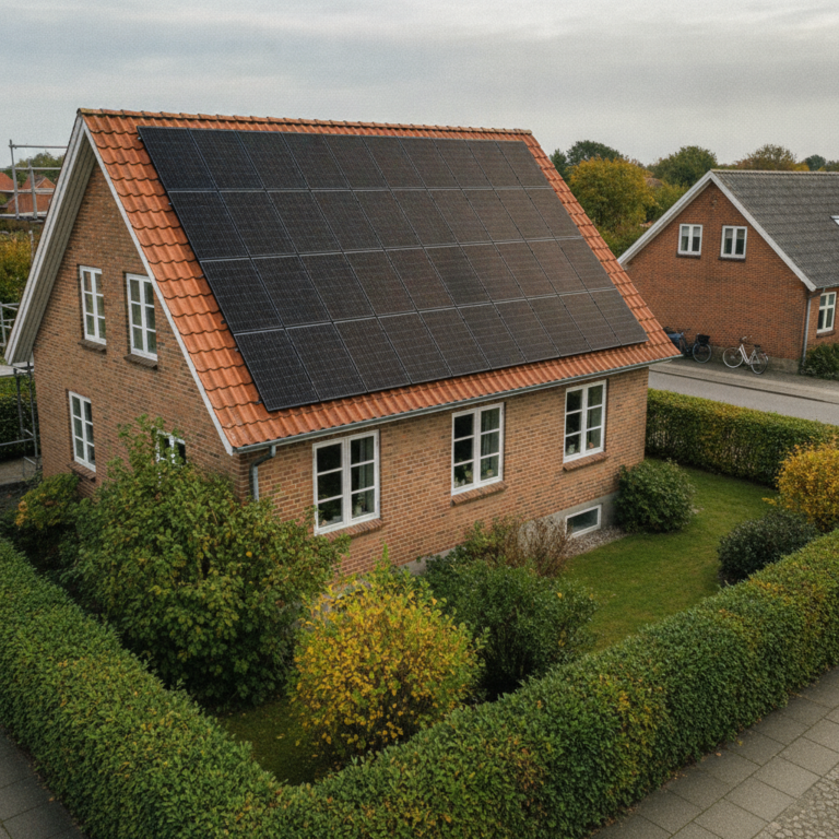 elektriker, solceller, solcelleanlæg, solcelleinstallation, tag, tagflade, udendørs, parcelhus, dansk parcelhus, mursten, tegltag, solpaneler, energirenovering, energibesparelse, elforbrug, dimensionering, tilbagebetalingstid, økonomi, investering, tilbud, pris, forstad, hus, bolig, håndværker