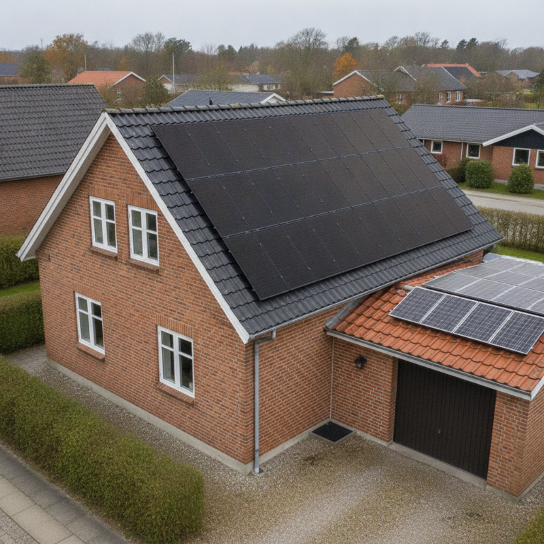 tagdækker, solcelletag, solceller på tag, tagrenovering, tagudskiftning, udendørs, parcelhus, villa, mursten, tegltag, tagsten, solpaneler, bygningsintegrerede solceller, undertag, tæthed, ventilation, skotrender, energirenovering, elproduktion, dansk bolig, forstad, pris, tilbud, hus, bolig, håndværker