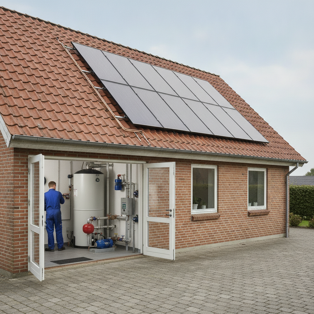 vvs, solvarmeanlæg, solvarme, solfanger, plansolfanger, varmtvandsbeholder, teknikrum, bryggers, installation, indendørs, udendørs, parcelhus, mursten, rødt tegltag, rørføring, frostsikker væske, energirenovering, vedvarende energi, dimensionering, vedligeholdelse, professionel, hus, bolig, håndværker, pris, tilbud
