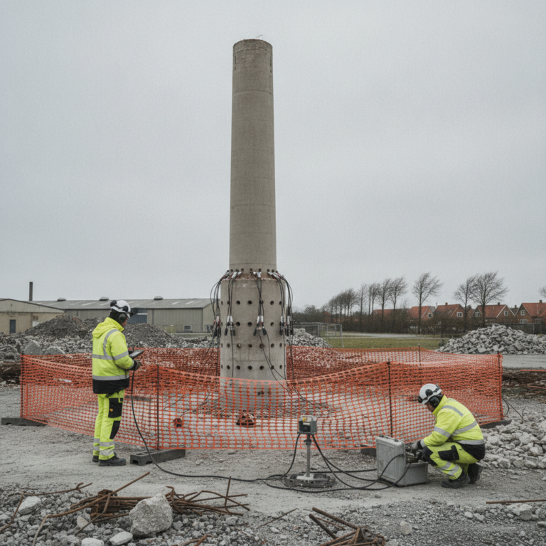 nedrivning, sprængning, kontrolleret sprængning, sikkerhed, tilladelser, afspærring, vibrationsmåling, geofon, sanering, byggeplads, udendørs, beton, armeringsjern, industri, skorsten, silo, ppe, hjelm, high-vis, dansk vejr, professionel, hus, bolig, håndværker
