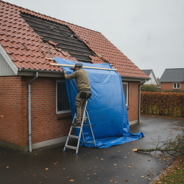 tagdækker, tømrer, stormskade, tagskade, nødafdækning, presenning, udendørs, parcelhus, villa, mursten, røde tagsten, tagreparation, stormvejr, vandskade, skadebegrænsning, forsikring, skadesservice, byggeplads, sikkerhed, professionel, dansk forstad, vedligeholdelse, hus, bolig, håndværker