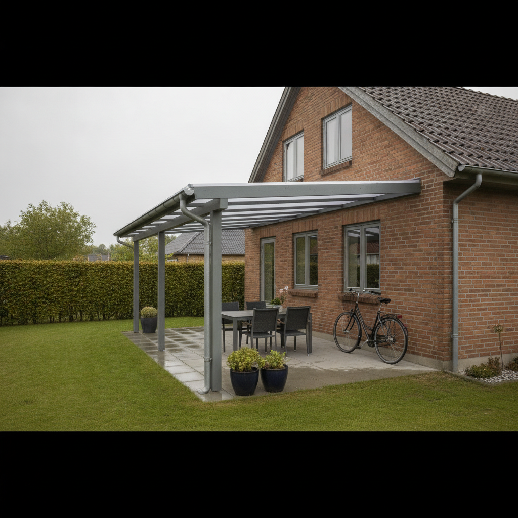 tømrer, overdækket terrasse, terrassetag, udendørs, parcelhus, dansk villakvarter, tagkonstruktion, taghældning, afvanding, tagrende, nedløb, polycarbonat, plasttag, aluminium, inddækning, facade, mursten, terrasseløsning, tilbygning, vedligeholdelse, byggetilladelse, bbr, pris, tilbud, hus, bolig, håndværker