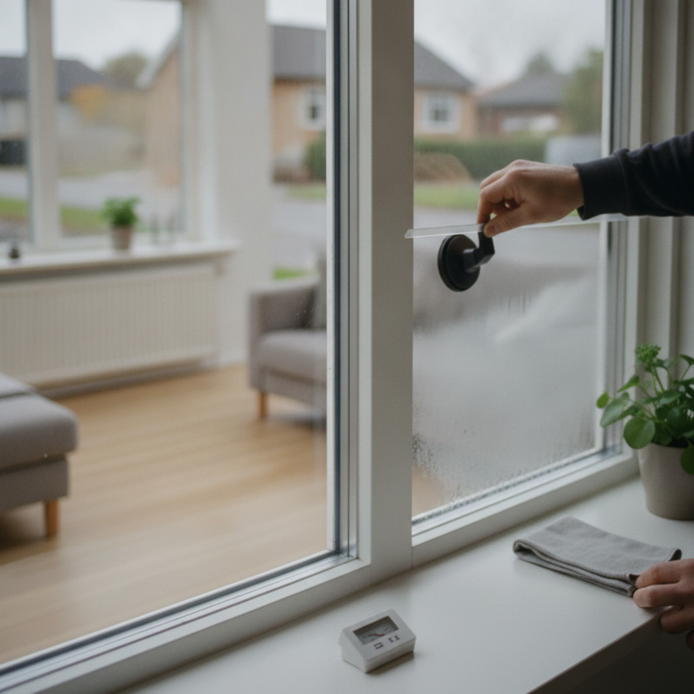 glarmester, energiruder, termoruder, u-værdi, kondens, rudeudskiftning, vinduer, indendørs, parcelhus, stue, vinduesramme, glas, varm kant, lavemissionsbelægning, energirenovering, indeklima, ventilation, dug på vinduer, dansk bolig, efterår, professionel, vedligeholdelse, hus, bolig, håndværker
