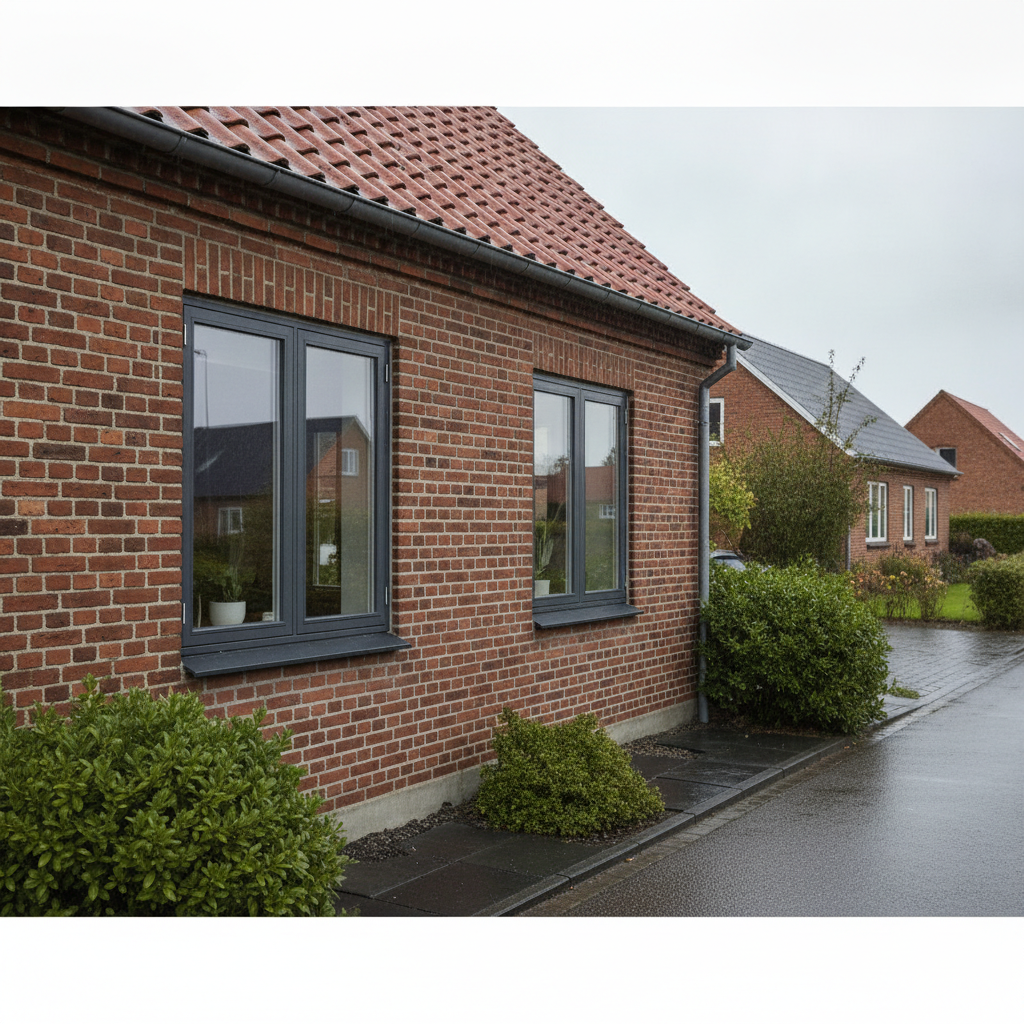 tømrer, vinduer, træ/alu-vinduer, vinduesskift, udendørs, parcelhus, villa, mursten, tegltag, aluminium, træramme, energivinduer, vedligeholdelse, levetid, renovering, facade, dansk bolig, nordisk lys, regnvejr, kystnært klima, pris, tilbud, hus, bolig, håndværker
