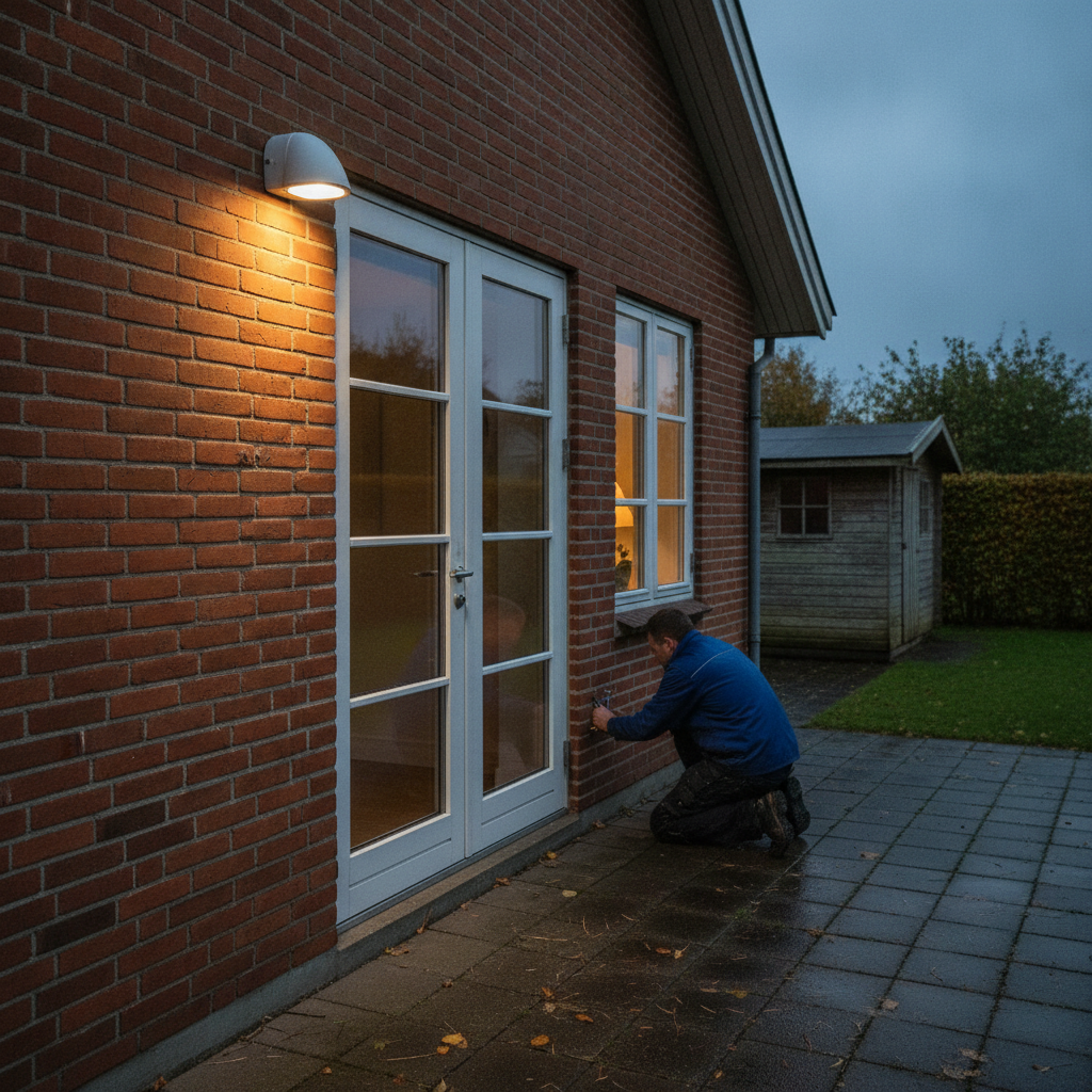 låsesmed, tyverisikring, indbrudssikring, låse, låsecylinder, ekstra lås, sikkerhedsslutblik, yderdør, terrassedør, vinduer, vinduesbeslag, sensorlys, udendørs belysning, udendørs, parcelhus, mursten, terrasse, have, renovering, vedligeholdelse, professionel, dansk bolig, hus, bolig, håndværker, pris, tilbud