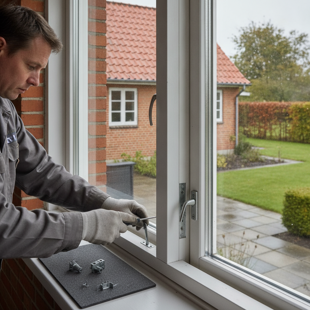 glarmester, tyverisikring af vinduer, sikringsbeslag, vinduesbeslag, flerpunktslukning, lamineret glas, sikringsglas, eftermontering, indbrudssikring, udendørs, stueplan, parcelhus, dansk villa, mursten, trævindue, karm og ramme, terrassedør, have, vedligeholdelse, renovering, professionel montering, sikkerhed i hjemmet, hus, bolig, håndværker, pris, tilbud