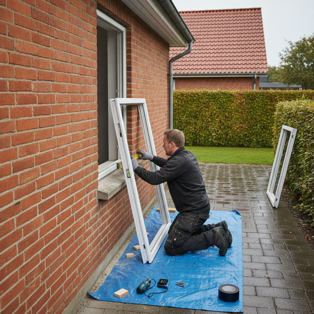 tømrer, vinduesudskiftning, dørudskiftning, vinduesmontering, yderdør, udendørs, parcelhus, murstenshus, dansk bolig, facade, mursten, energivinduer, træ/alu vinduer, karm, fugearbejde, opmåling, renovering, vedligeholdelse, byggeplads, professionel, pris, tilbud, hus, bolig, håndværker